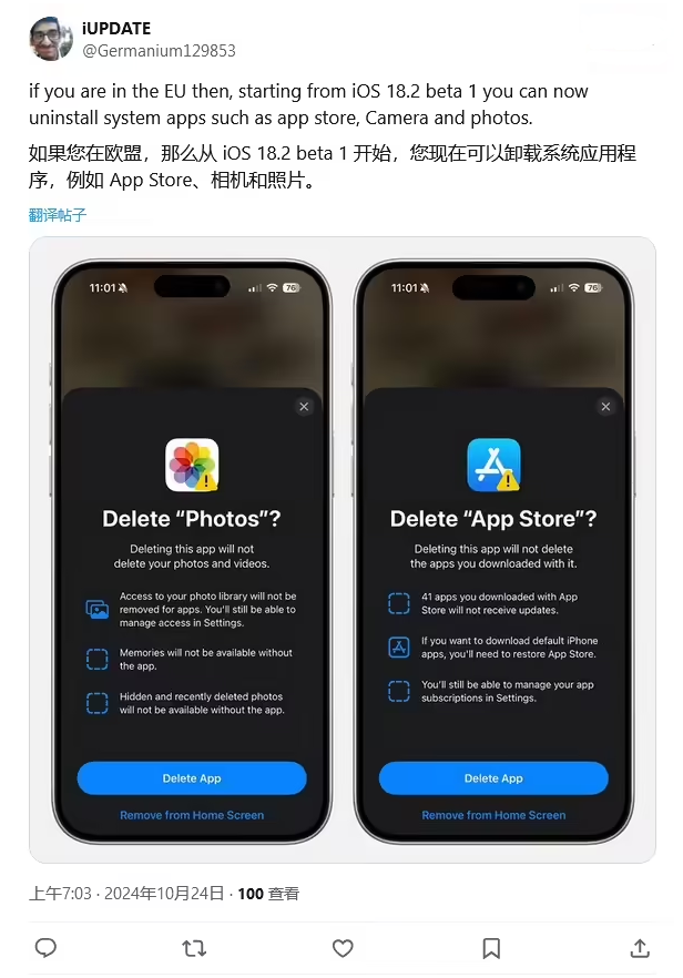 苍南苹果手机维修分享iOS 18.2 支持删除 App Store 应用商店 