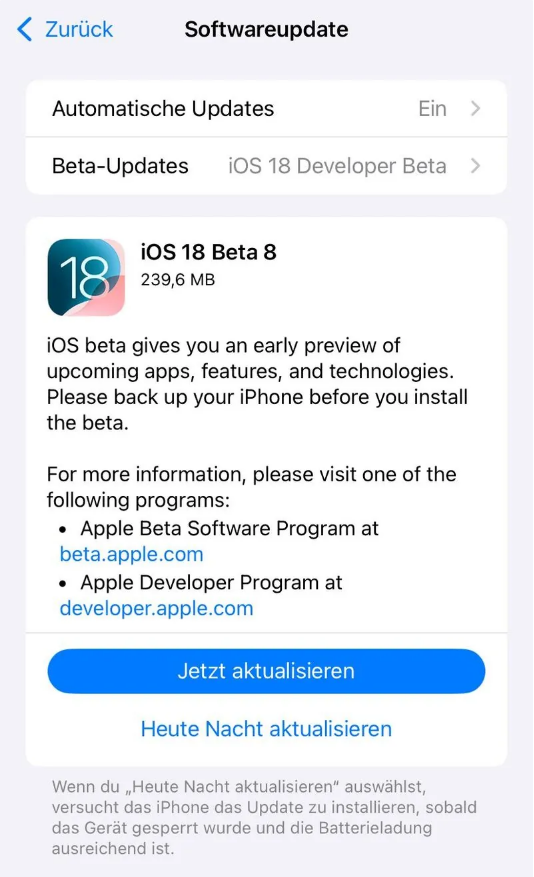 苍南苹果手机维修分享苹果 iOS / iPadOS 18 开发者预览版 Beta 8 发布 